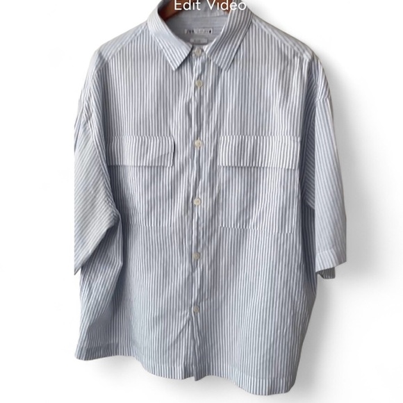 ZARA RELAXED FIT BLUE & WHITE PINSTRIPE SHORT SLEEVED SHIRT PATCH POCKETS LARGE - Picture 1 of 6